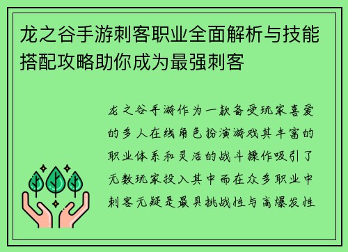 龙之谷手游刺客职业全面解析与技能搭配攻略助你成为最强刺客
